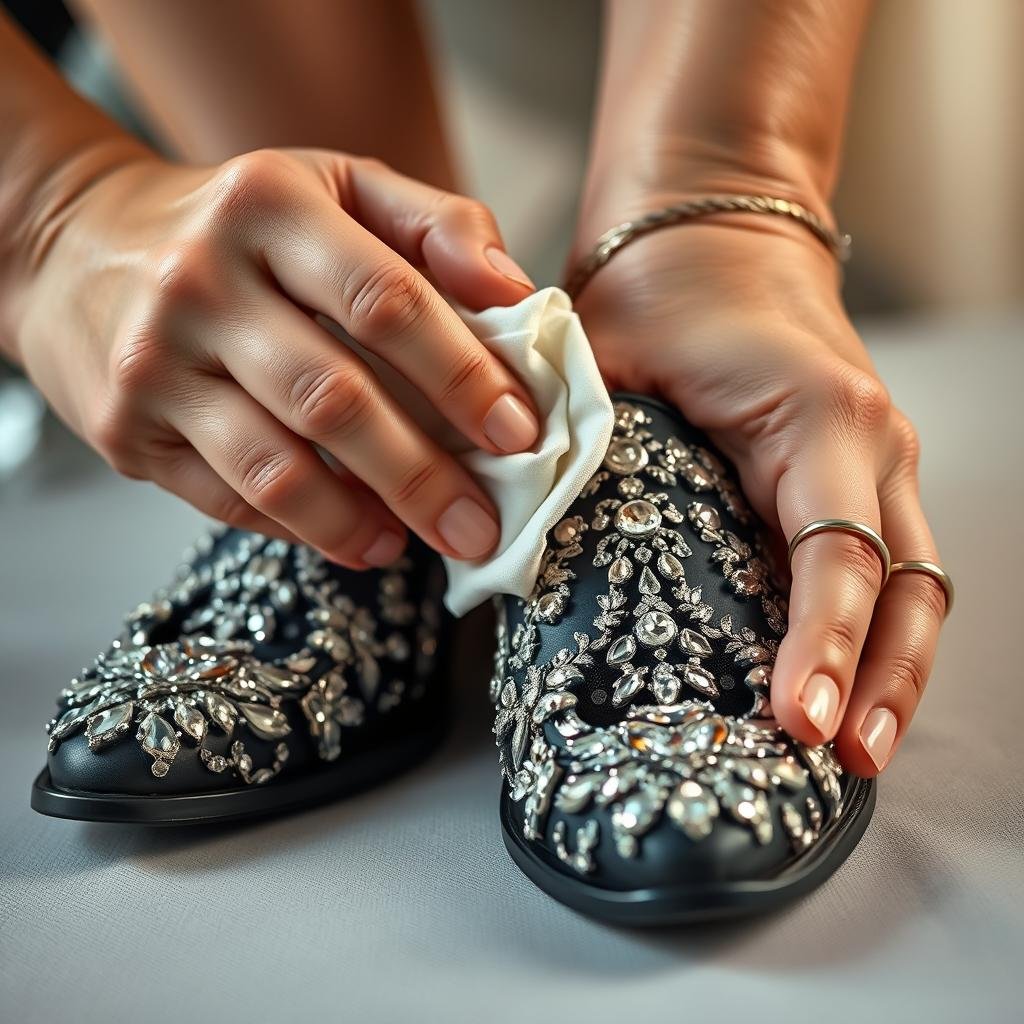 Caring for fabric and embellished designer shoes with gentle techniques