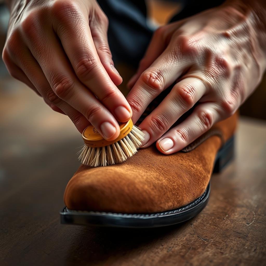 Caring for suede designer shoes with specialized brushes and protectors