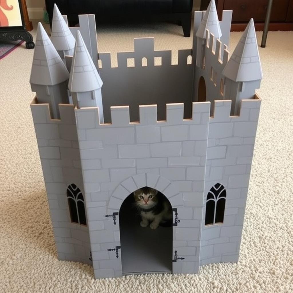 Castle-themed cardboard cat house with turrets and battlements