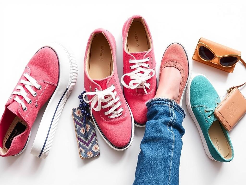 Casual spring shoes including comfortable sneakers and everyday flats in seasonal colors