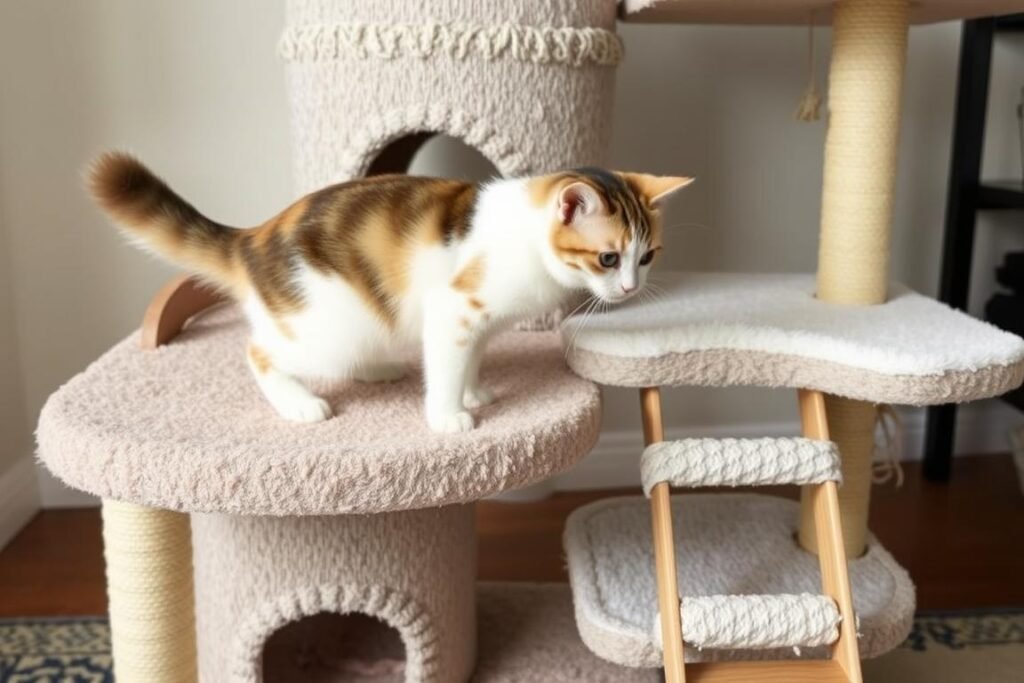 Cat exploring different textures and heights in a multi-level DIY cat house