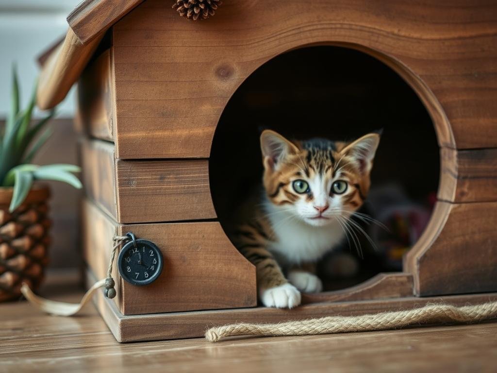 Cat happily exploring a newly built DIY cat house made from recycled materials