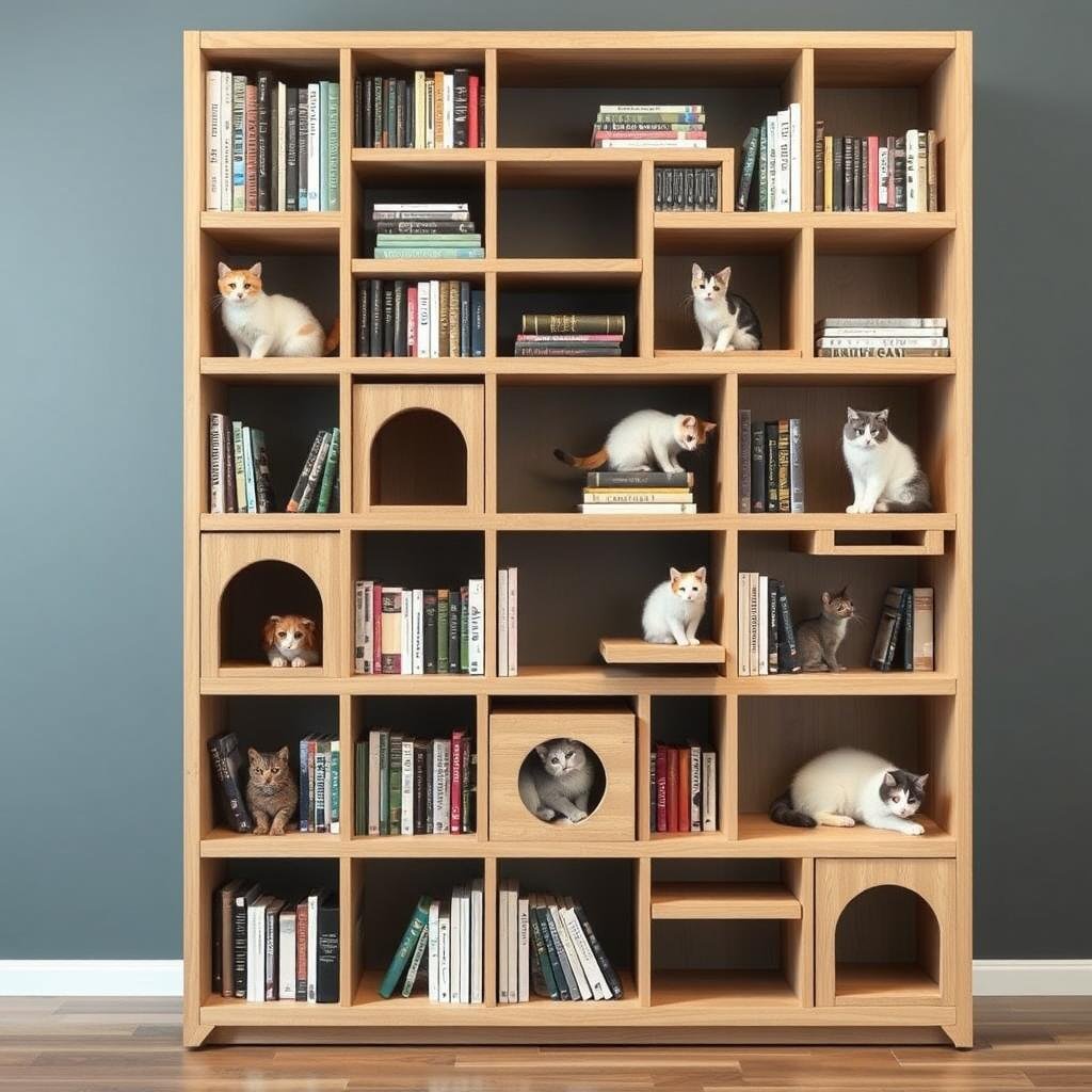 Cat house integrated into a bookshelf with multiple levels