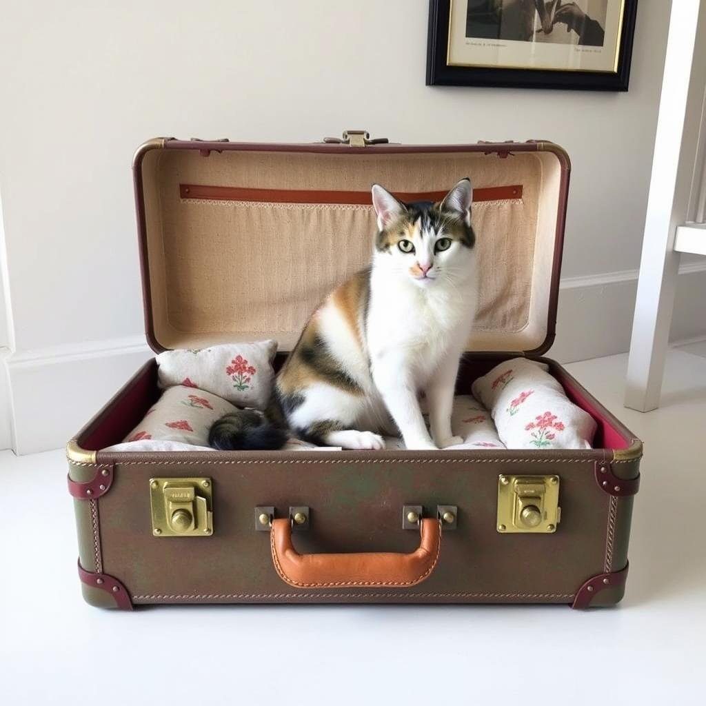 Cat house made from an old suitcase with vintage appeal