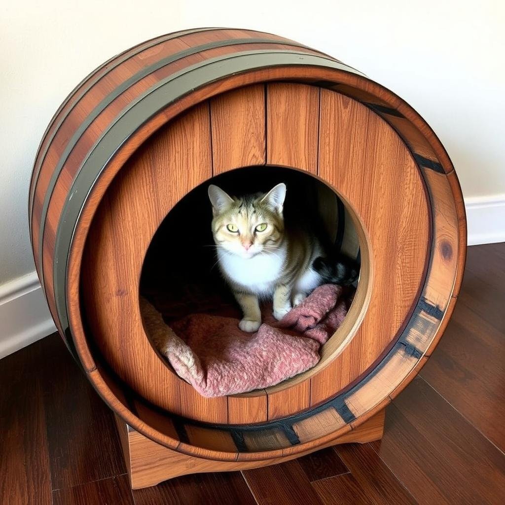 Cat house made from an old wine barrel with circular entrance
