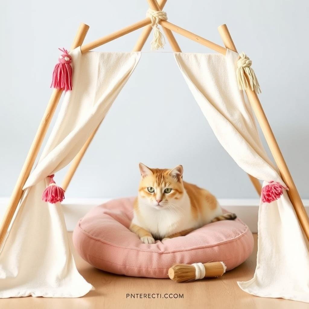 Cat teepee made from fabric and wooden dowels