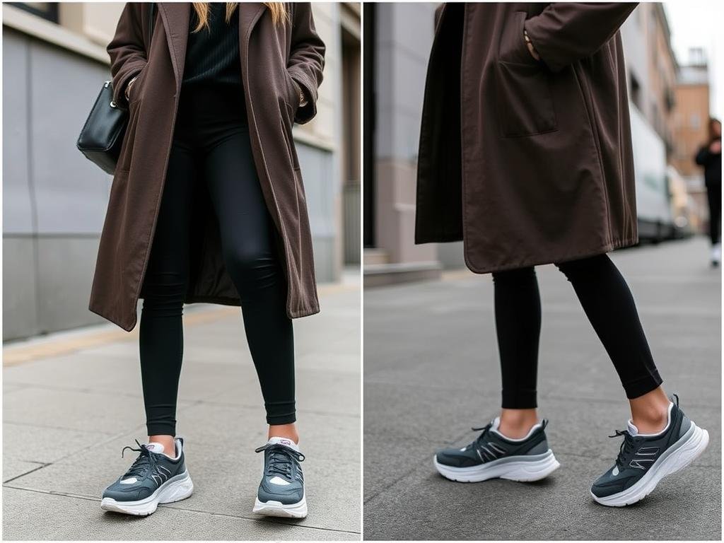 Celebrity-inspired outfit with Hoka shoes, leggings and oversized outerwear