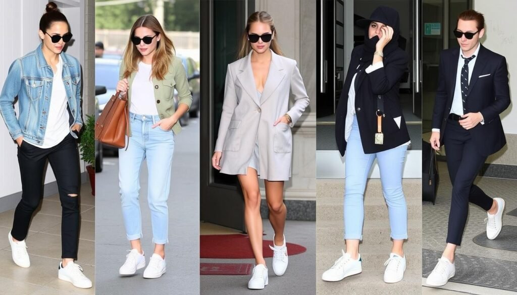 Celebrity-inspired white tennis shoes outfits collage