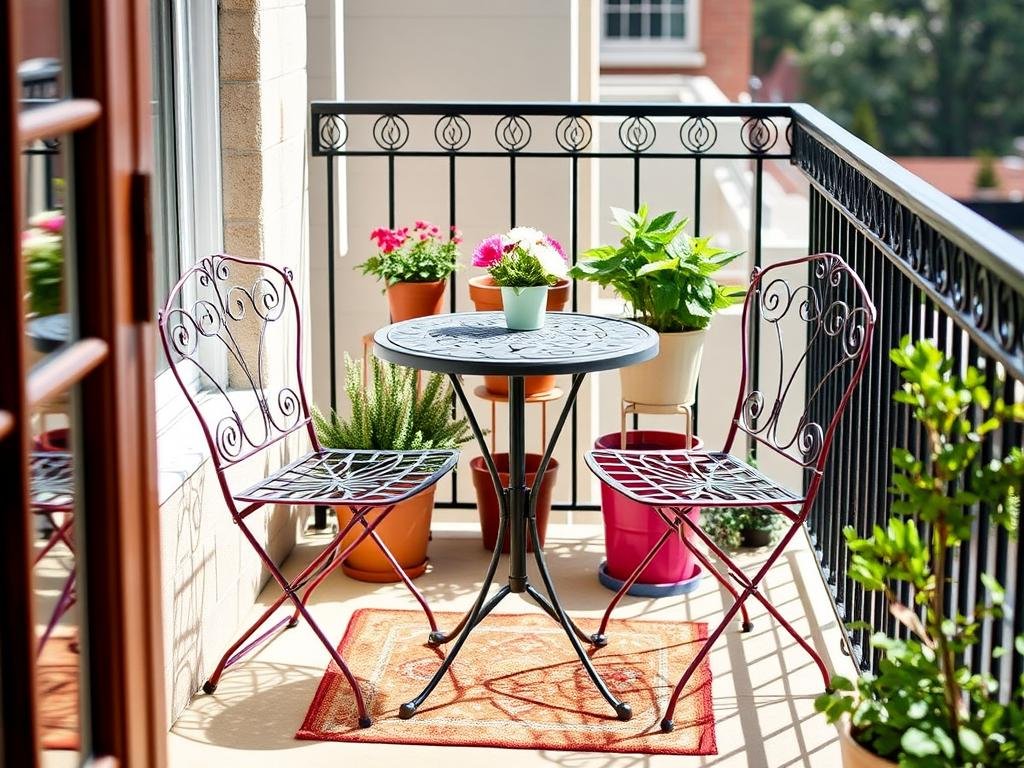Charming bistro set with two chairs and small table on a balcony with plants