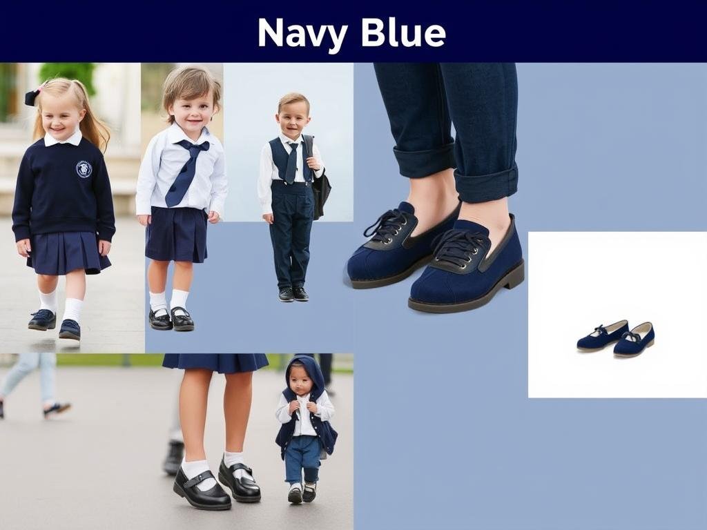 Children wearing navy blue shoes with school uniforms and casual outfits
