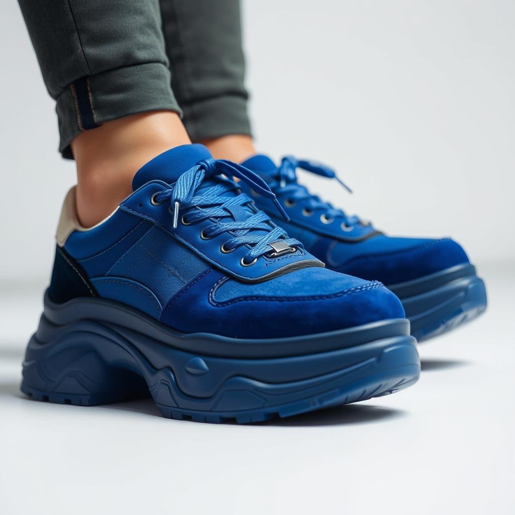 Chunky blue sneakers trending in streetwear fashion
