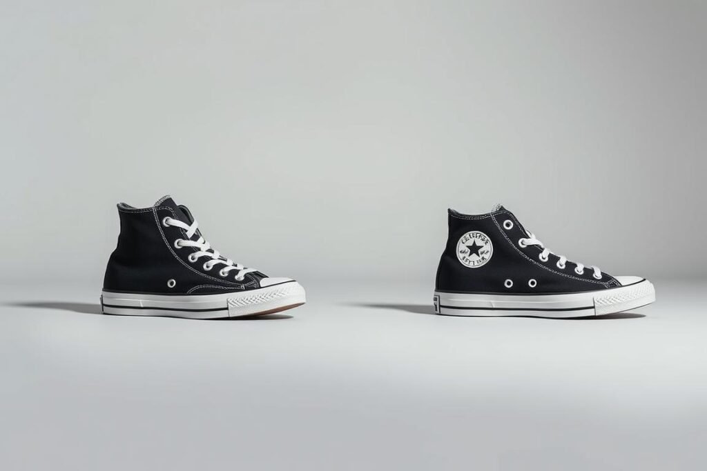 Classic black and white Converse Chuck Taylor All Star high tops and low tops side by side