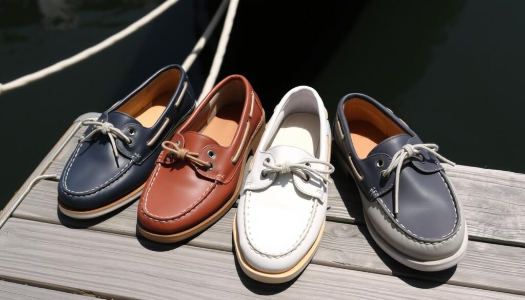 Classic boat shoes in various colors on a dock
