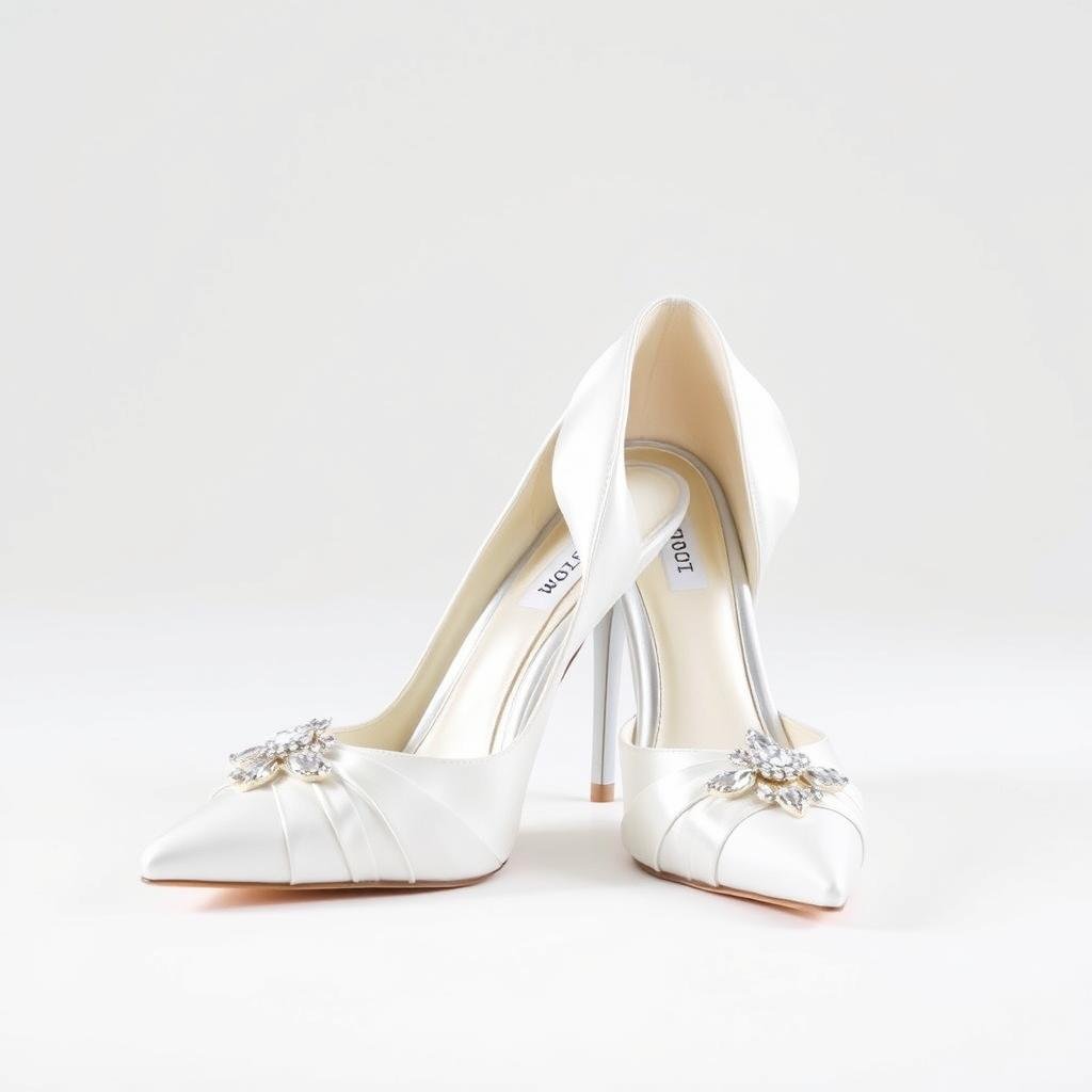 Classic white satin bridal heels with crystal embellishments