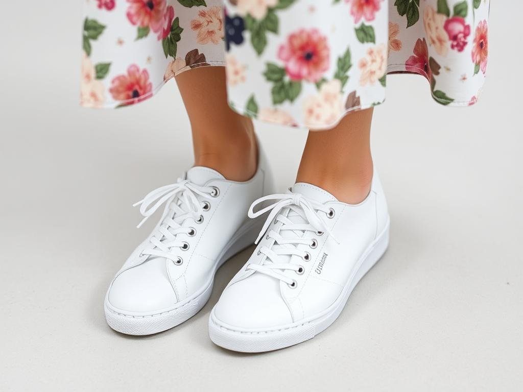 Classic white tennis shoes paired with a floral dress