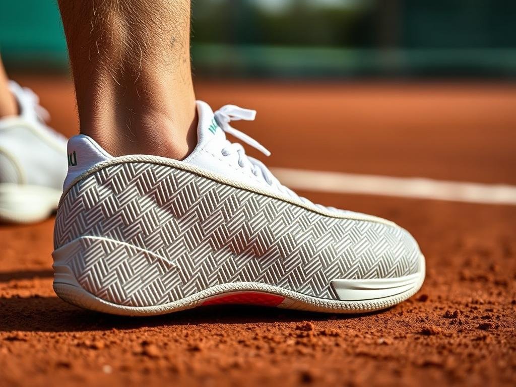 Clay court tennis shoes with herringbone pattern outsole on red clay surface