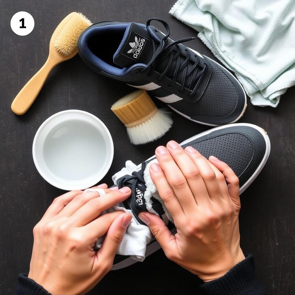Cleaning adidas shoes with soft brush and mild soap solution