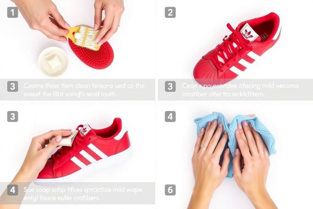 Cleaning red adidas shoes with proper tools