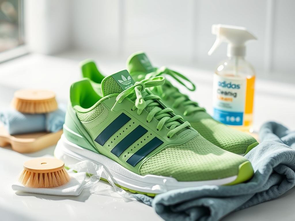 Cleaning supplies and green Adidas sneakers being maintained