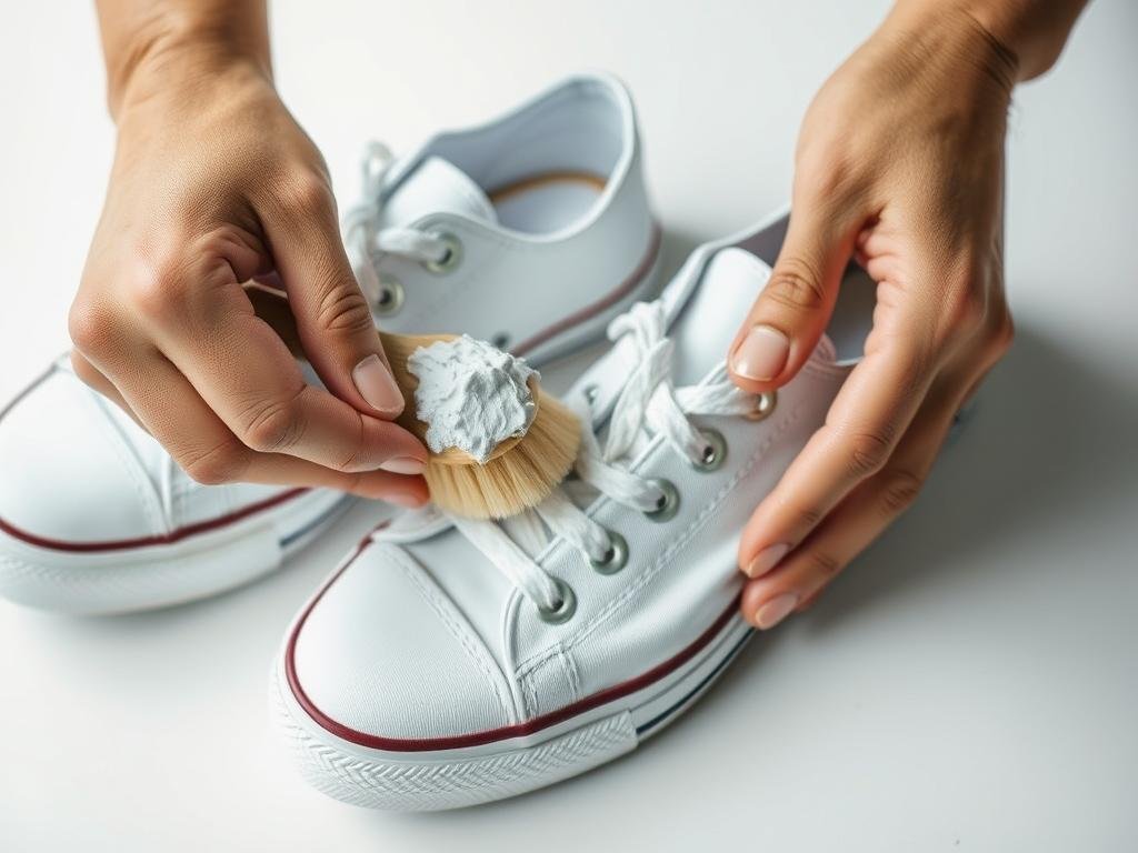 Cleaning white canvas shoes with baking soda paste being applied with a brush