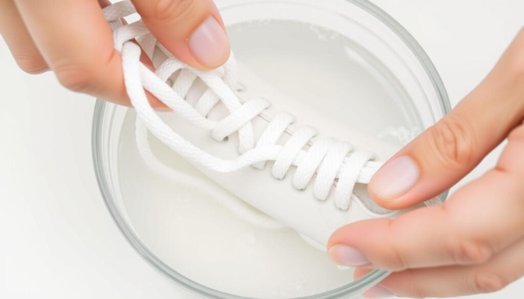 Cleaning white shoelaces in a bowl with cleaning solution