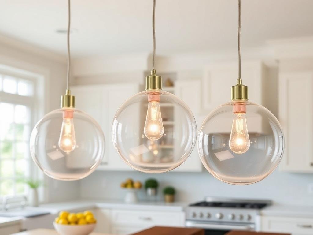 Clear glass globe pendant lights over kitchen island