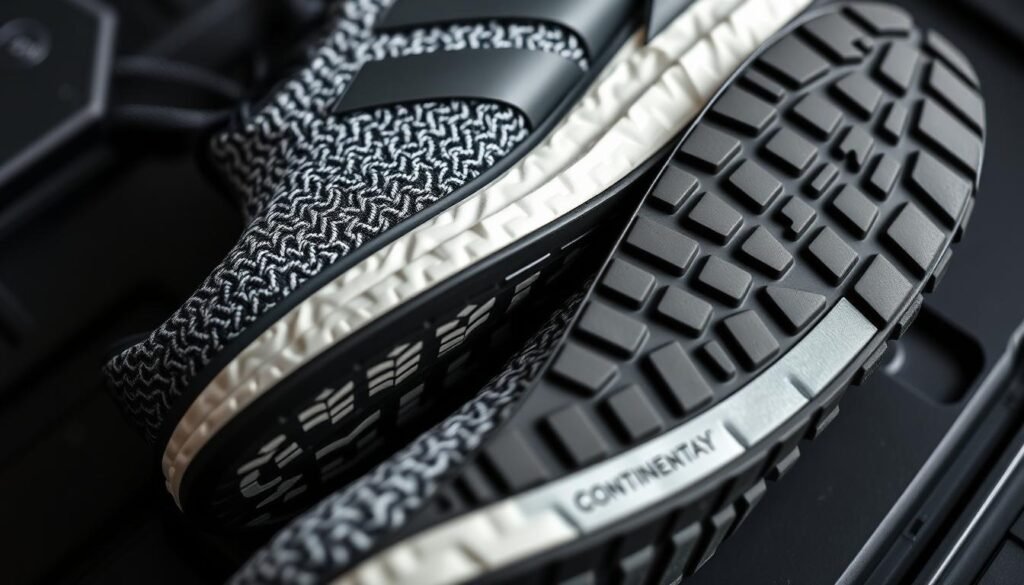 Close-up details of Adidas shoe technologies including Boost foam, Primeknit fabric, and Continental rubber outsoles