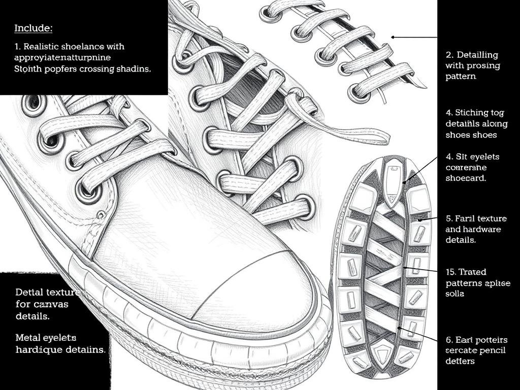 Close-up examples of different shoe textures and details like laces, stitching, and patterns