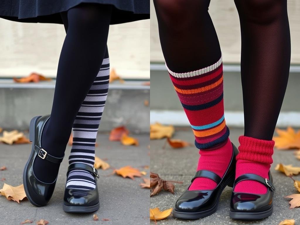 Close-up of Mary Jane shoes worn with different types of tights and socks for fall and winter