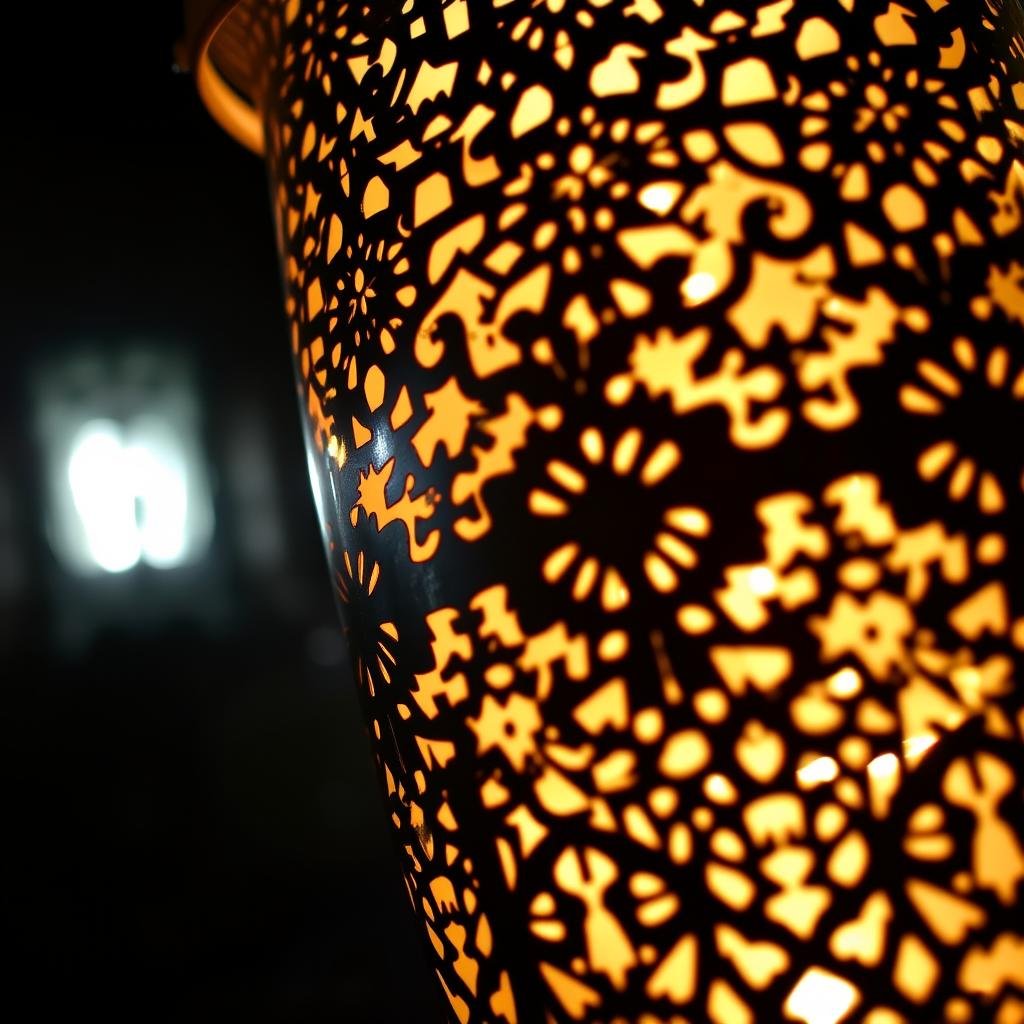 Close-up of a decorative Moroccan-style lantern casting intricate shadow patterns