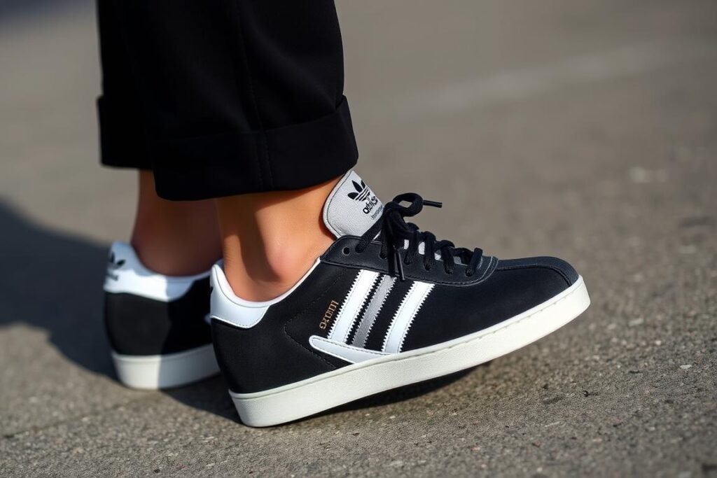 Close-up of black Adidas Sambas with white stripes worn with wide leg pants