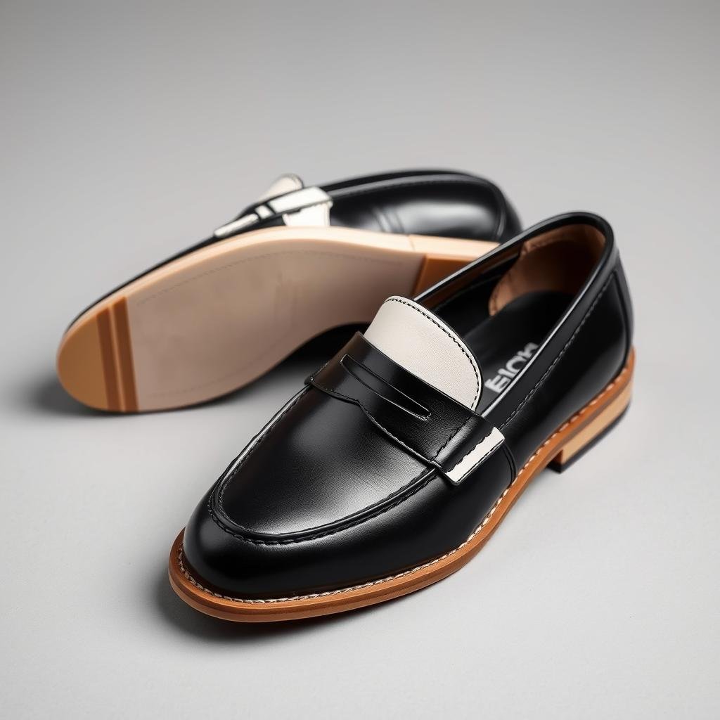Close-up of black and white penny loafers
