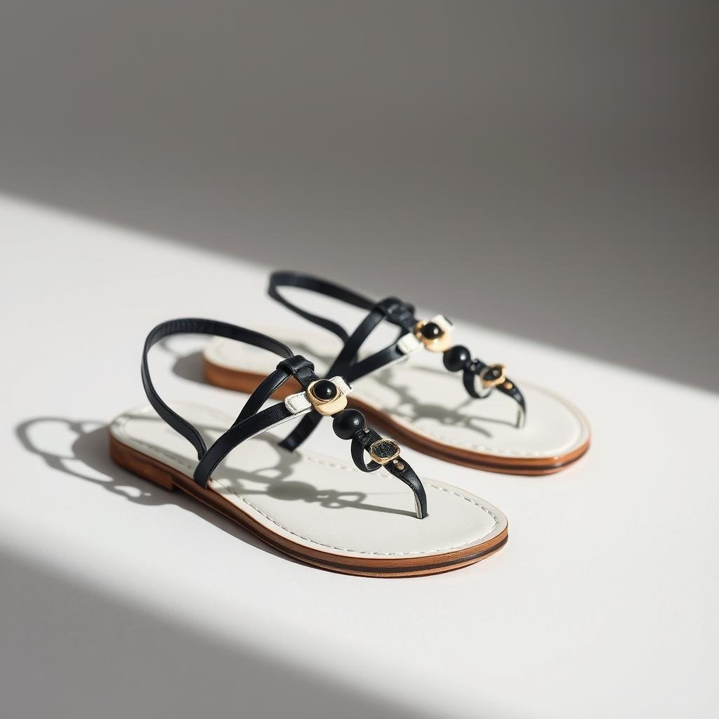 Close-up of black and white strappy sandals