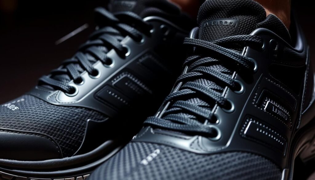 Close-up of black performance tennis shoes showing technical features