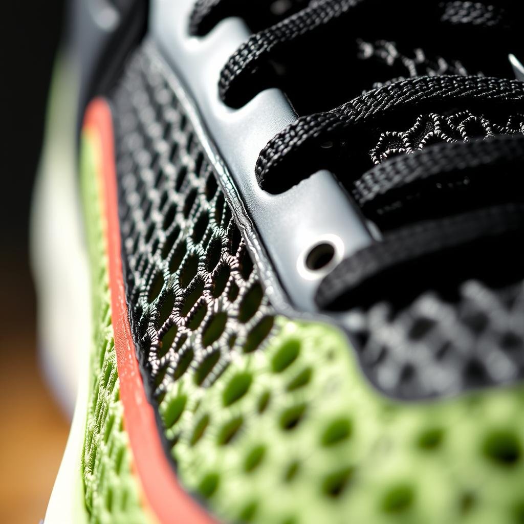 Close-up of breathable mesh material on tennis shoes