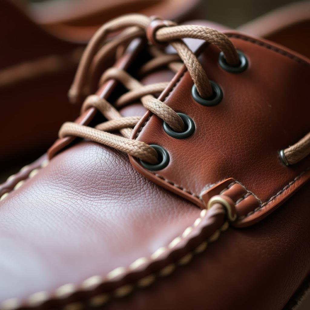 Close-up of classic boat shoes showing leather texture and lacing detail