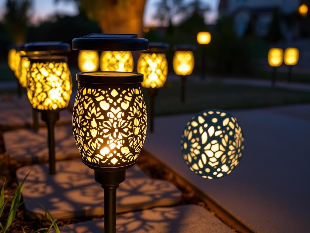 Close-up of decorative solar path lights with intricate designs casting beautiful shadow patterns