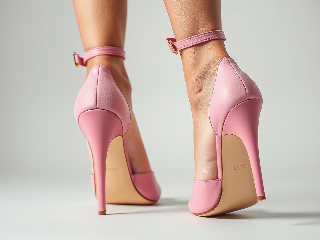 Close-up of elegant pink high heels with ankle strap