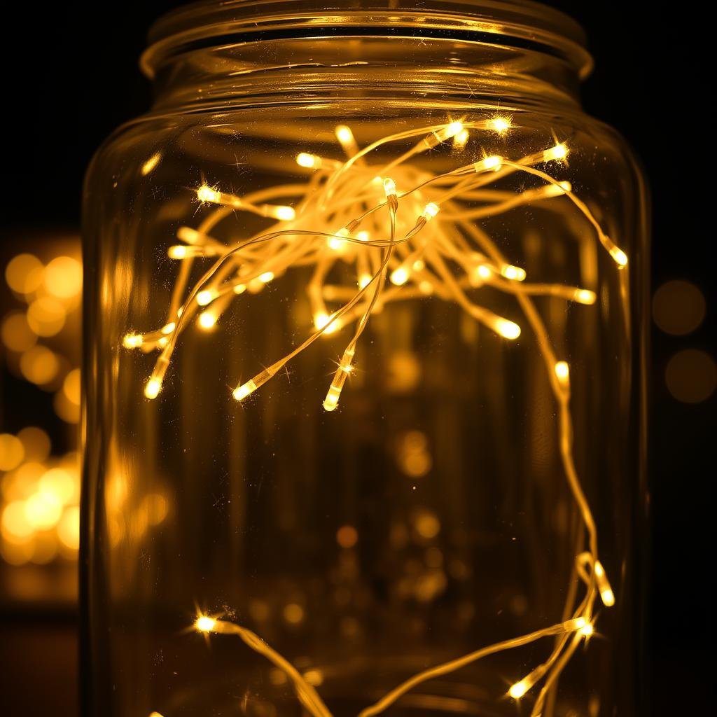 Close-up of fairy lights in a glass jar creating a magical lantern effect