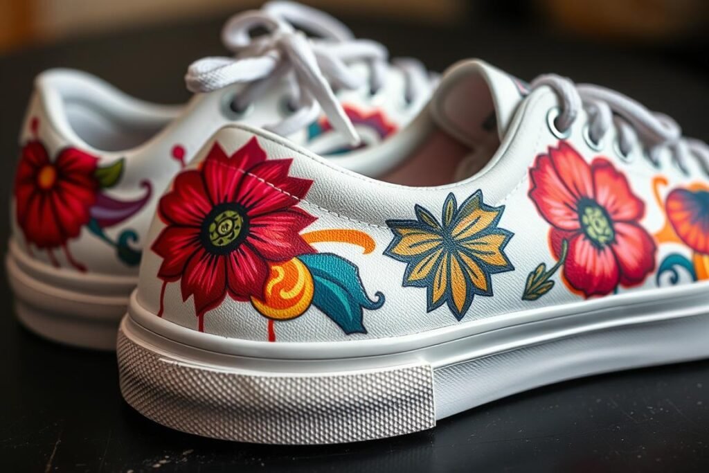 Close-up of hand-painted sneakers featuring vibrant artistic designs and detailed brushwork