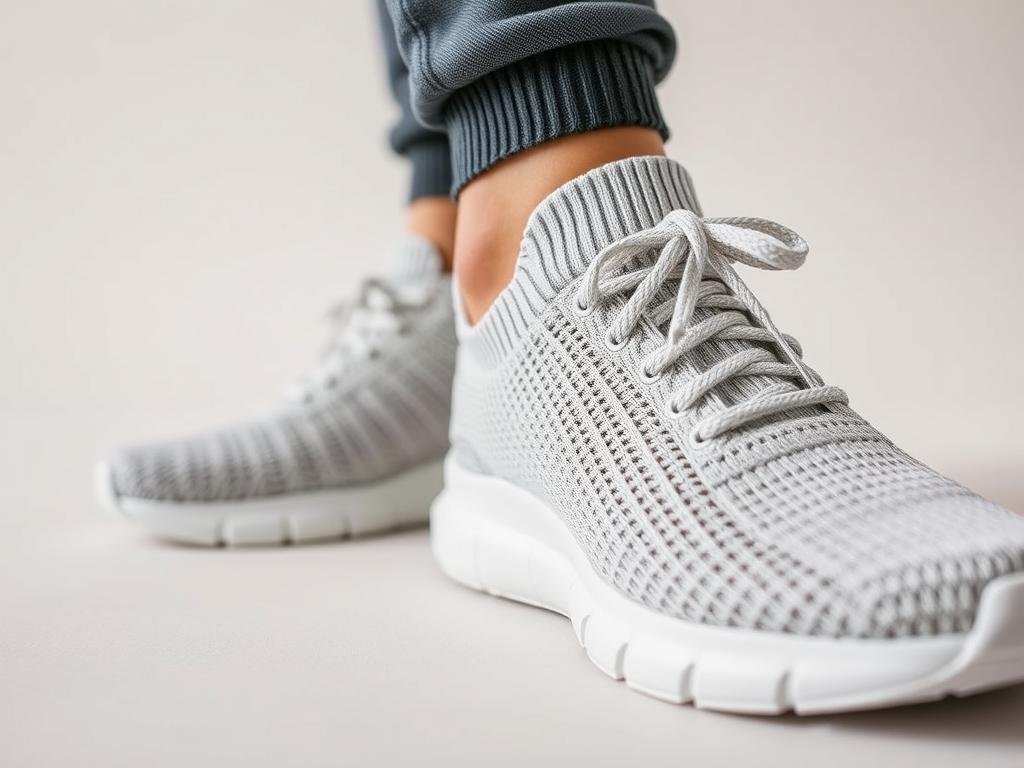 Close-up of knit sneakers showing breathable texture