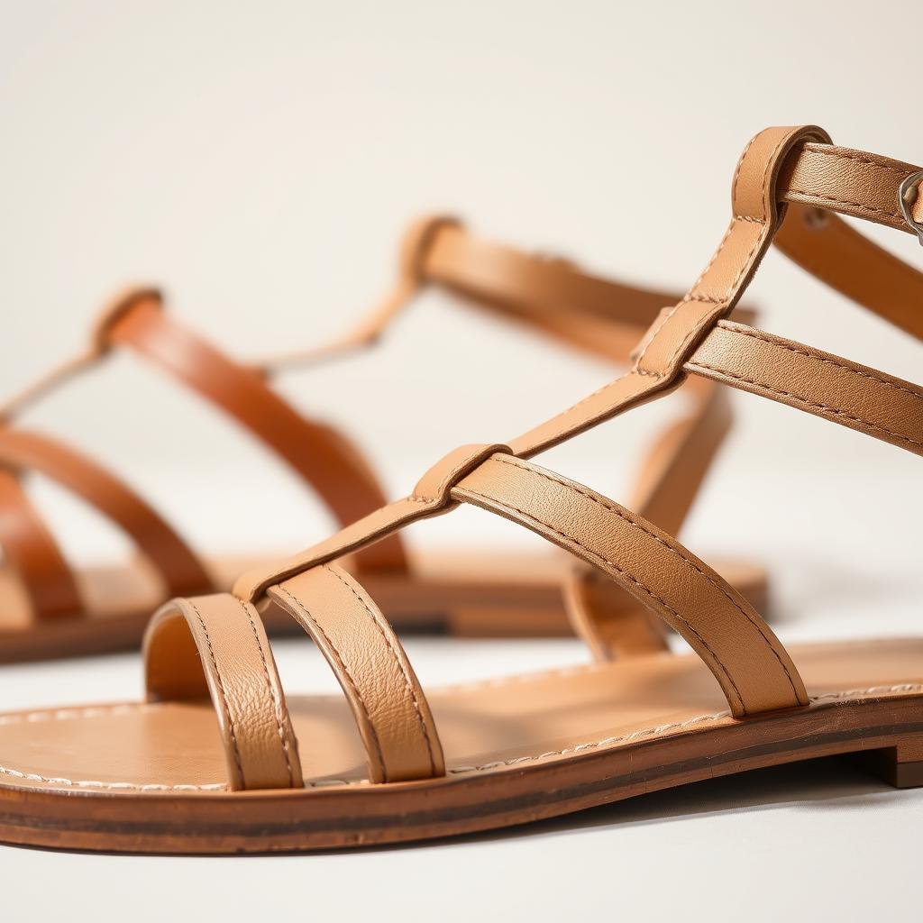 Close-up of leather strappy summer sandals in neutral tones