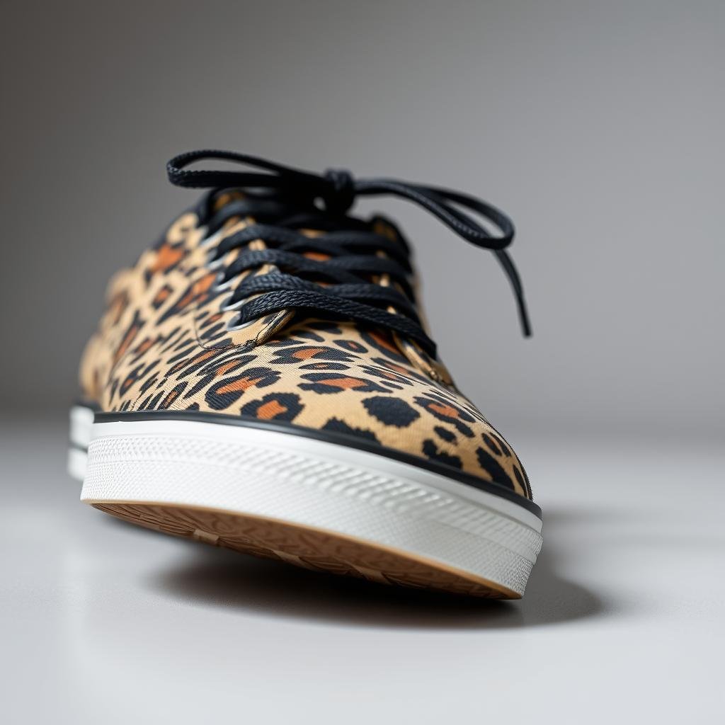 Close-up of leopard print tennis shoes with black laces