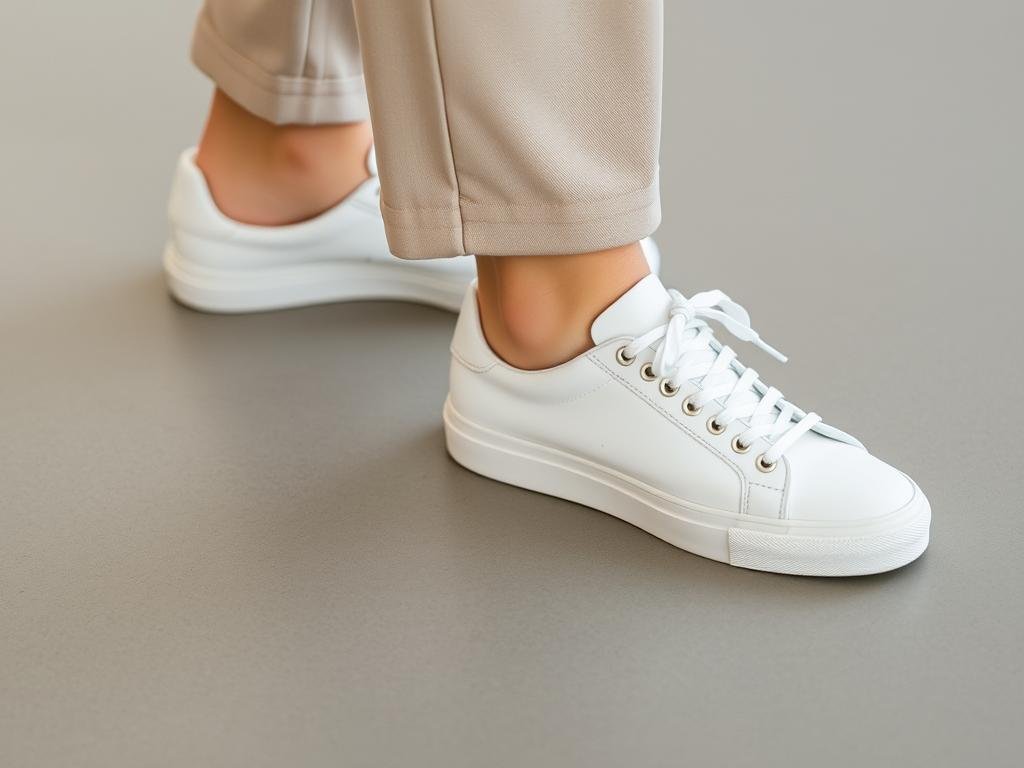 Close-up of minimal white tennis shoes paired with tailored pants