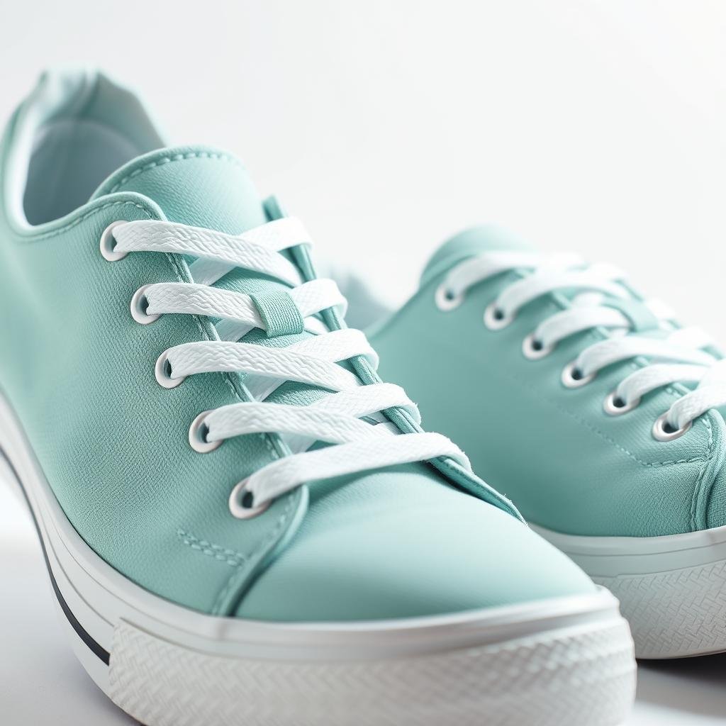 Close-up of mint green tennis shoes with white laces and soles