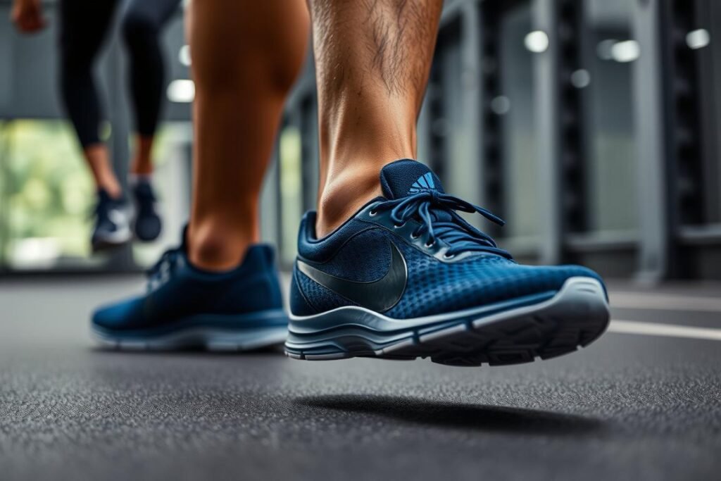 Close-up of navy blue athletic shoes being worn during exercise