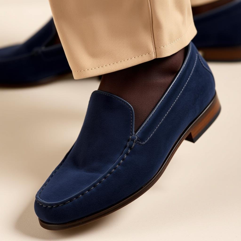 Close-up of navy blue suede loafers with beige chinos