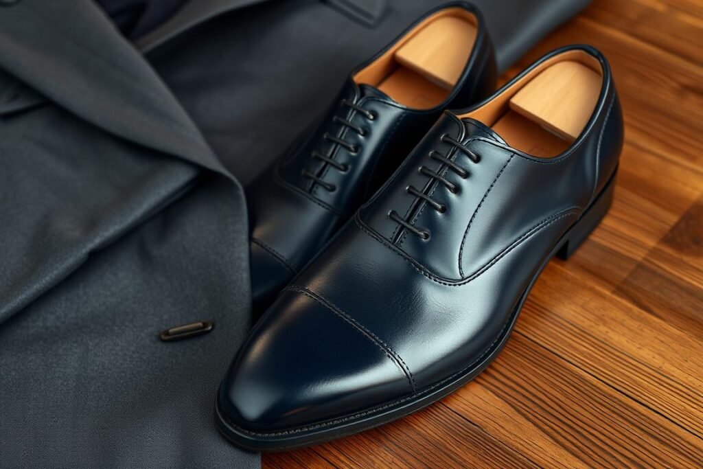 Close-up of polished navy blue oxford shoes next to a business suit