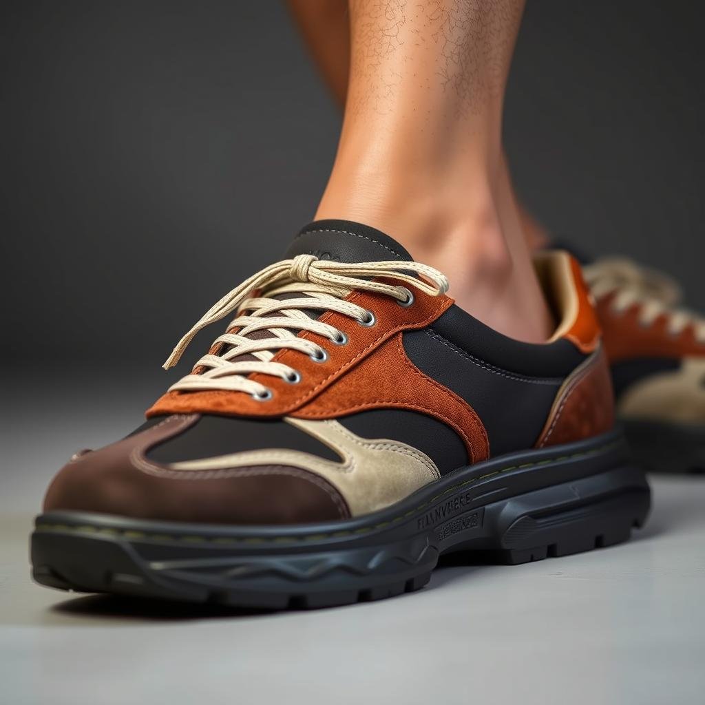 Close-up of retro-style tennis shoes with suede accents