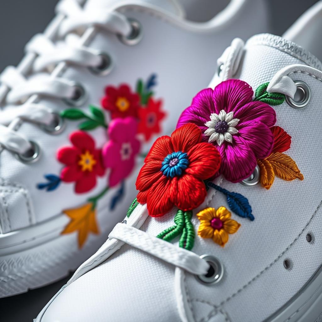 Close-up of tennis shoes with embroidered floral details